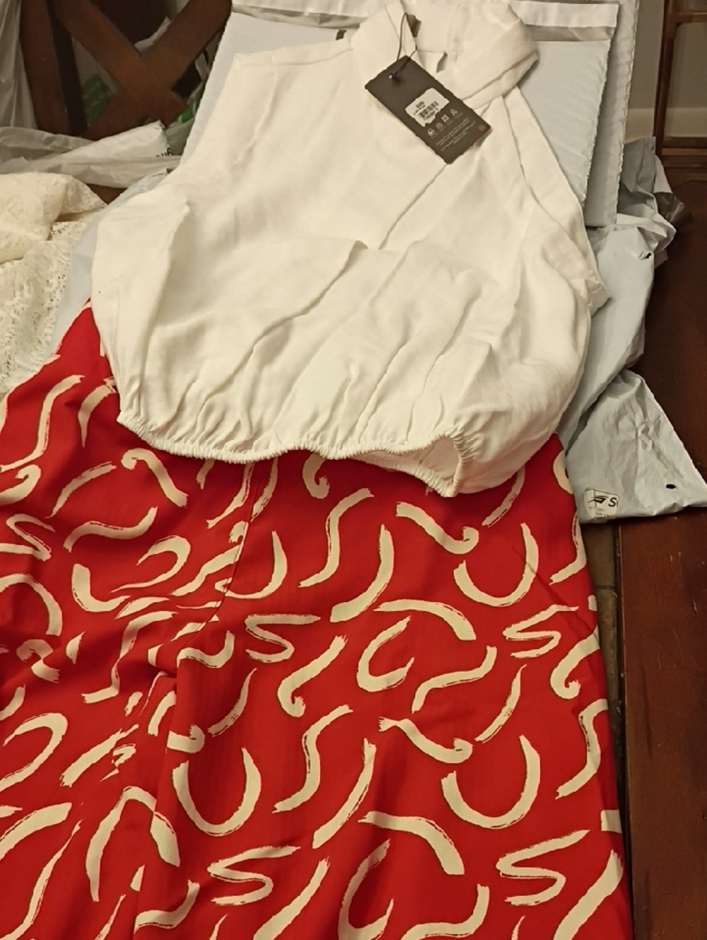 White Sleeveless Halter Top with Red & Cream Printed Pants